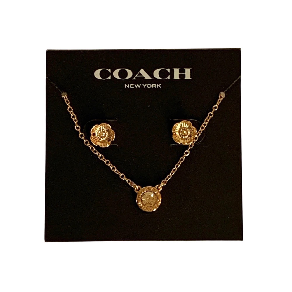 COACH Open Circle Necklace And Tea Rose Stud Set
